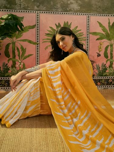 Image of SIRIL Women's Cotton Linen Printed Zari Border Saree with Unstitched Blouse Piece