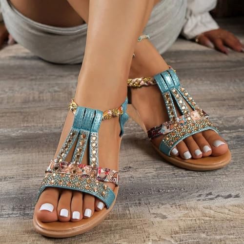Sandals for Women 2025,Sandalias De Mujer,Beaded Ankle Strap Flats Boho Sandals for Women,Lace Flats Sandals with Back Strap,Sparkly Sandals for Women Dressy