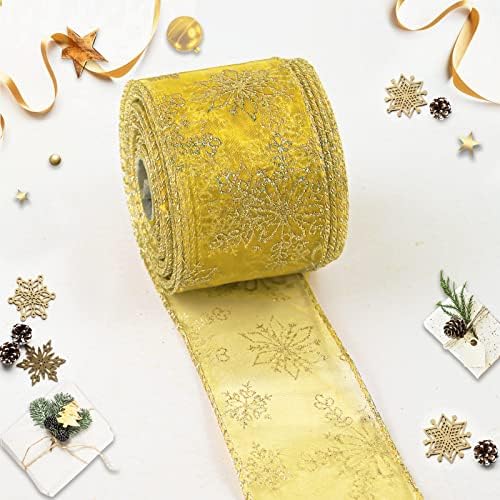 Ebingoo Organza Wired Ribbon,Gold Ribbon for Christmas Tree,Wide