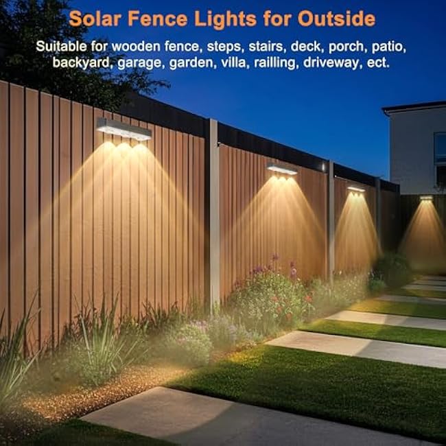 INDARUN Outdoor Fence Solar Lights Waterproof with 3 Bright Lens LEDs & 12 Modes, Outdoor Solar Lights for Yard, Solar Step Deck Garden Lights, for Patio Porch Backyard Decor