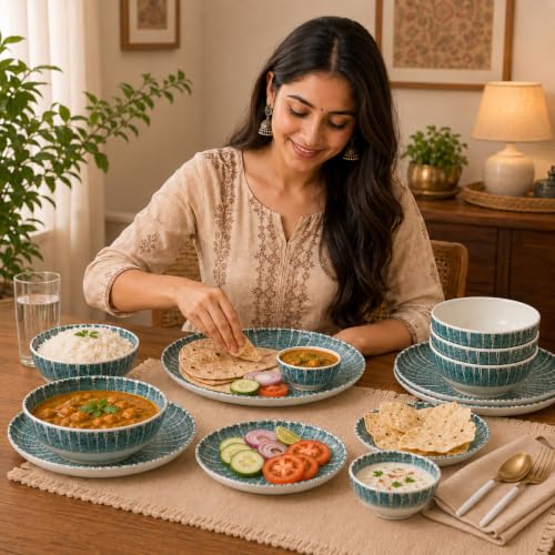 Image of MARKET 99 Dreams Blue Melamine 14 Piece Dinner Set, Round Glossy Vertical Stripe Design with 4 Full Plates, 4 Quarter Plates, 4 Soup Bowls & 2 Serving Bowls, Food Safe Dinnerware