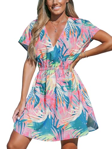 Image of CUPSHE Women's Swimsuit Coverup Casual V Neck Beach Dress Short Sleeve Elastic Waist Swimwear Cover Ups 2026 Beachwear