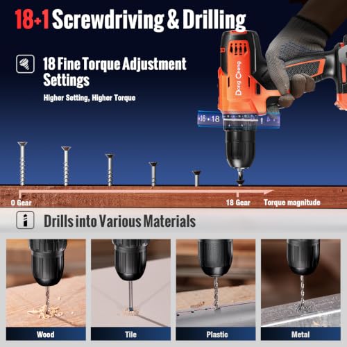 Image of DongCheng 20V Cordless Drilling Machine, 40Nm Torque, 350W Copper Motor, 18+1 Settings, 2-Speed 0-1500 RPM, 2Pcs 2.0Ah Battery and Charger, Clean Kit, Manual Tool, 16Pcs Drill Accessories for Home Use