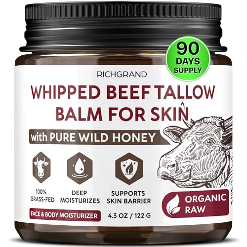 RICHGRAND Beef Tallow for Skin - Whipped Tallow and Honey Balm - Grass Fed Beef Tallow for Face,...
