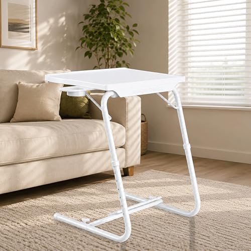 Image of amazon basics Executive | Lounge Mate Executive | Height Adjustable Laptop Table | Adjustable Table Angle | Cupholder | Footrest | Carbon Steel | Dove White | 75 cm - H, 55 cm - L, 40 cm - W
