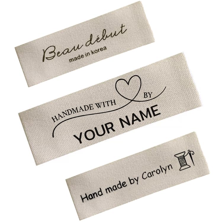 50500pcs Custom Cotton Sewing Labels Personalized Sew-On Fabric Tags for Clothing Quilts & Handmade Items Made with Love Sewing Tags Machine or Hand Sew Pre-Cut or Ribbon Roll Options