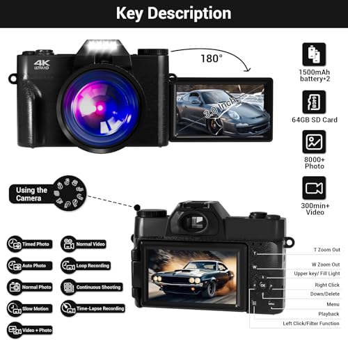 Image of SMARTKLIK Vlogging Camera, 4K 48MP Digital Vlogging Camera with 180 Flip Screen, 16X Digital Zoom, Wide Angle Lens, 2 Batteries & 64GB Micro SD Card (Black)