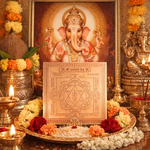 Image of Shree Ganesh Yantra Orignal - Copper - (3 X 3 inches, Brown)