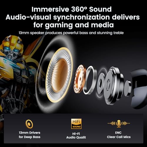 Transformers Wireless Earbuds Bluetooth 5.4 with Low Latency Gaming Mode, 38H Playtime, Noise Cancelling Headphones with Mic, LED Display, Hi-Fi Stereo Sound for iPhone Android (Bumblebee Black) - image 3