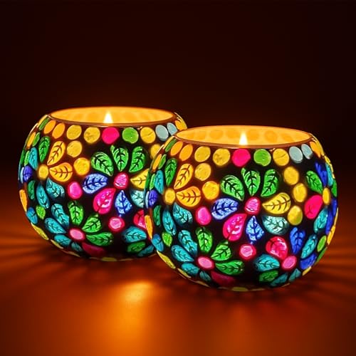 Image of Floryn Decor Morrocan Mosaic Candle Holders | Home Light Decorations Items | Mosaic Glass Tealight Holder | Best lamp for Diwali Decoration | Pack of 2 (with 2 Tealight Candle Free)