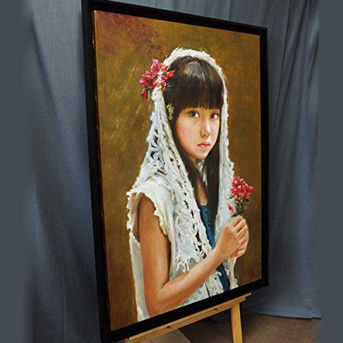 Amazon.co.jp: 写実油絵 花持つ女の子 50号80x120cmサイズ 原画 1点物
