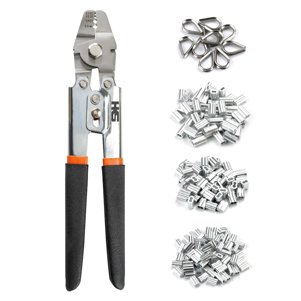 HKS Up to 2.2mm Wire Crimp Tool with 180 Sleeves and 10 Stainless Steel Thimble Kits, 3 Sizes of Aluminum Double Tube Collars, Fishing Wire Crimp Tool
