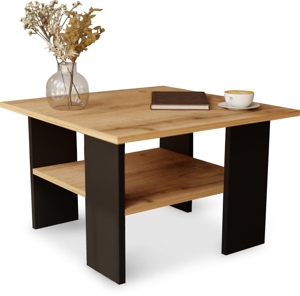 MeblePitus Couchtisch ST1 Eiche/Schwarz – Moderner Wohnzimmertisch 60x60x45 cm – Quadratisch,...