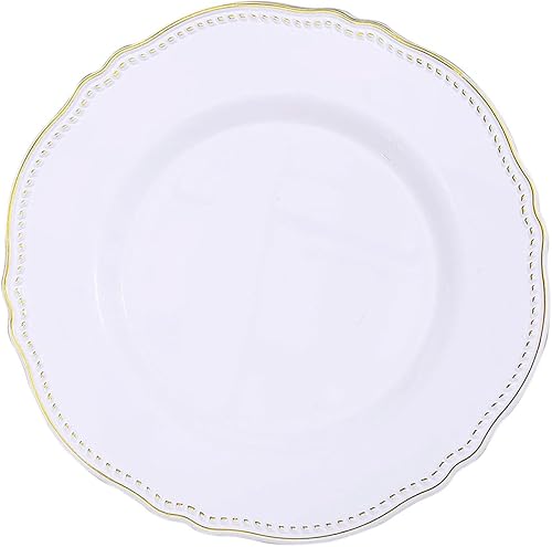 Miniatura 7 de Efavormart - Paquete de 10 platos llanos de plástico con borde festoneado blancodorado de 9 pulgadas, platos desechables de fiesta para bodas,