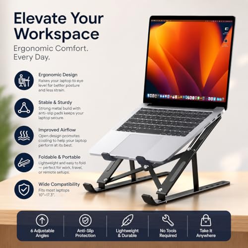 Image of Laptop Stand Adjustable Foldable Metal Laptop Riser Portable Notebook Stand with Multi Angle Positions Desktop Laptop Holder Stand for Desk Use Black
