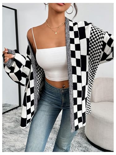 Image of MakeMeChic Women's Checkered Plaid Cardigan Sweater Long Sleeve Open Front Oversized Cardigans