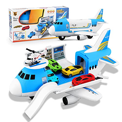 MAPODOUFU Transport Cargo Airplane Car Toy Set with Transport Cargo Airplane & 4pcs Mini Vehicle Car Toys & 1 Helicopterï¼ŒGift for 3 4 5 6 Year Old Boys and Girls ( White & Blue ï¼‰