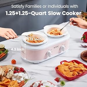 KOOC Double Small Slow Cooker Buffet Server and Warmer 2 Mini Pots with 3 Individual Adjustable Temp Dual Ceramic Pots Free Liners for Easy Clean up Stainless Steel Total 25 Quart Pink Round