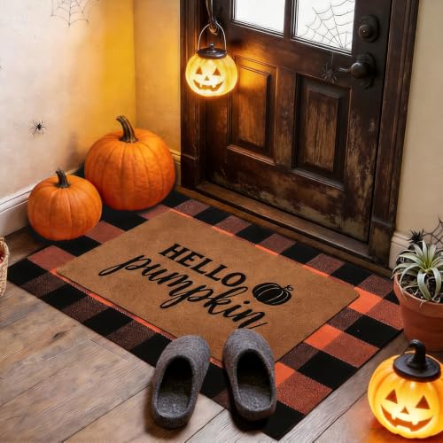 2 Pack Fall Halloween Door Mat Set, Pumpkin Coir & Plaid for Thanksgiving - image 4