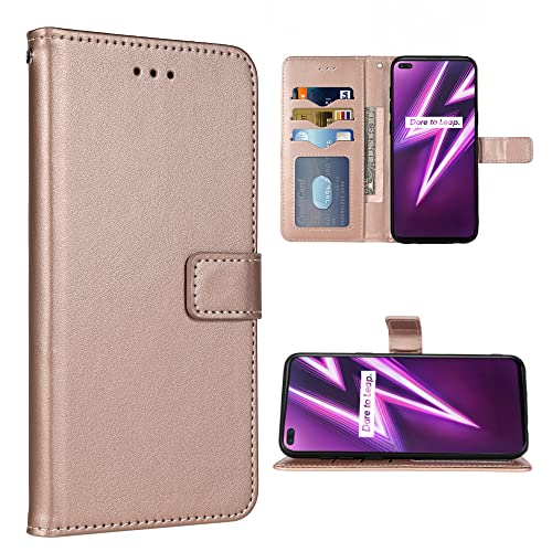 FDCWTSH Compatible with Oppo Realme 6 Pro Wallet Case Wrist Strap Lanyard Leather Flip Card Holder Stand Cell Accessories Folio Purse Slot Phone Cover for Oppo Realme 6Pro RMX2061 Women Men Rose Gold