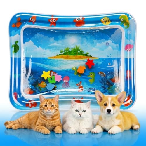 DYFCNP Cat Water Mat Upgraded Thickened Water Sensory Play Mat Cats Cooling Pad with Exercise Swatting Hunting Cat Toys Interactive with Fish Anti-Scratch Leak Proof Play Mat (A)