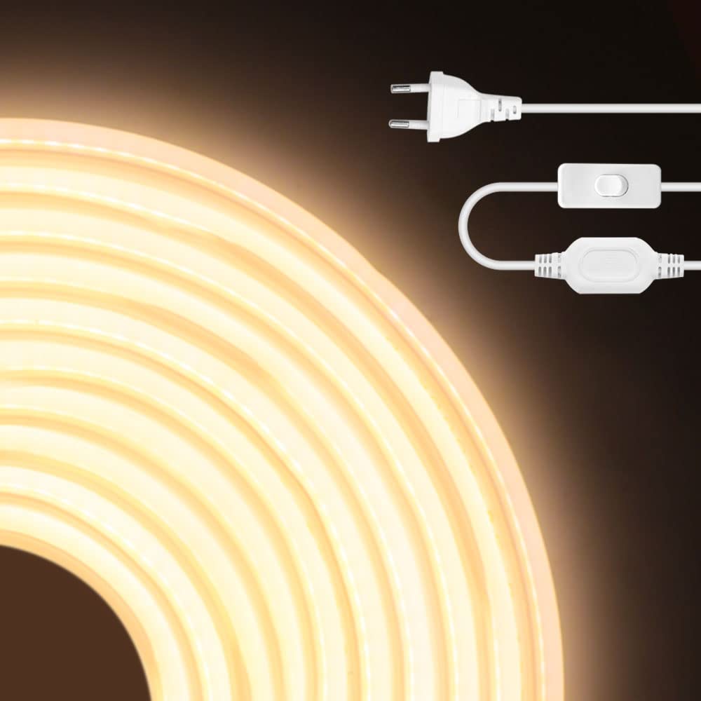 HEGEHE 230V COB Neon LED Streifen mit Schalter, IP65 Wasserdicht Superhell Hohe Dichte 288leds/m Flex LED Lichtband für Innen Aussenbereich Festival DIY Deko (Natürliches Weiß, 9M)