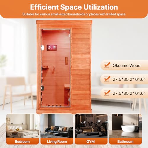 Image of OUTEXER Far Infrared Sauna Home Sauna Spa Room Low-EMF Wood 1200W Indoor Saunas with 7 Color Light Tempered Glass Door, Room:35.2 * 27.6 * 61.6Inch