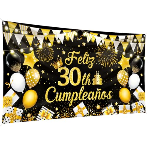 Joyeux Anniversaire - Striscione per compleanno, 200 x 110 cm, colore nero e oro, per feste di compleanno, decorazione per uomini, donne, compleanni, feste, feste, celebrazioni (20)