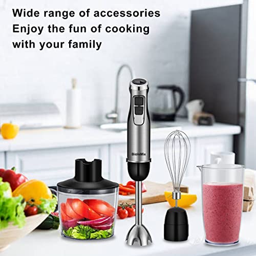 Image of BioloMix Stainless Steel Hand Blender, 800 Watt Immersion Blender set | 6 Speeds, immersion blender handheld with 500 ml Measuring Cup and 600 ml Jug, Whisk