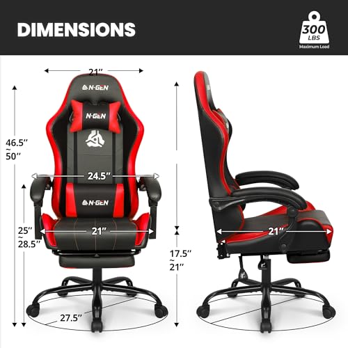 N-GEN GAMING Video Gaming Chair with Footrest Lumbar Support for Home Office High Back Recliner Height Adjustable Ergonomic Comfy Leather Computer Desk Chair (Red) - Image 4