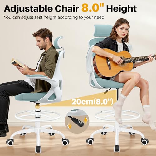 Image of Drafting Chair, Tall Office Chair for Standing Desk, Ergonomic High Back with Headrest, Lumbar Support, Foot Ring and Flip-up Armrests, Light Blue