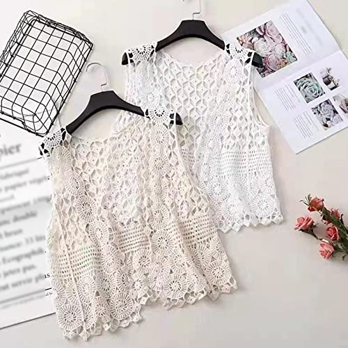 Women Crochet Sleeveless Vest Waistcoat Hollow Knit Geometric Cardigan for Jacke Beige3