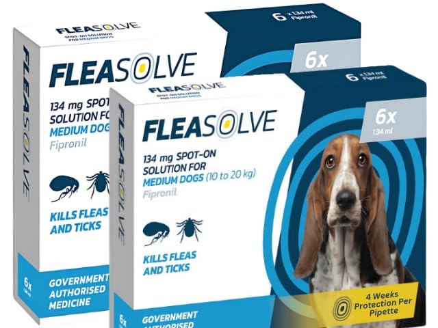 Dog flea treatment medium dog x 12 - Spot-On flea treatment for dogs medium 10-20kg - FleaSolve flea & tick solution - 12 x Pipettes - 12 - Doses