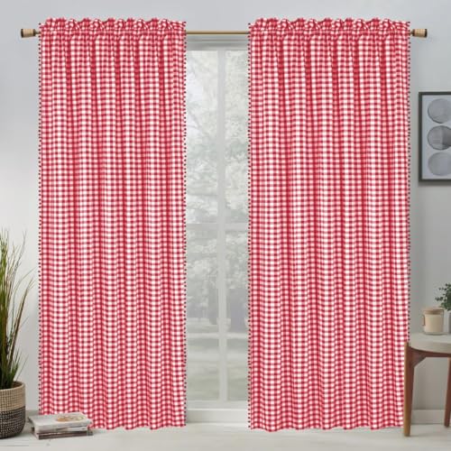 WEAVOO Curtains 84 inch Length 2 Panels Set - Farmhouse Style Easy to Install Window Treatment Set - Long Drapes for Bedroom Living Room Darkening Curtain Rod Pocket - 2 Panels W40 x L84 Red