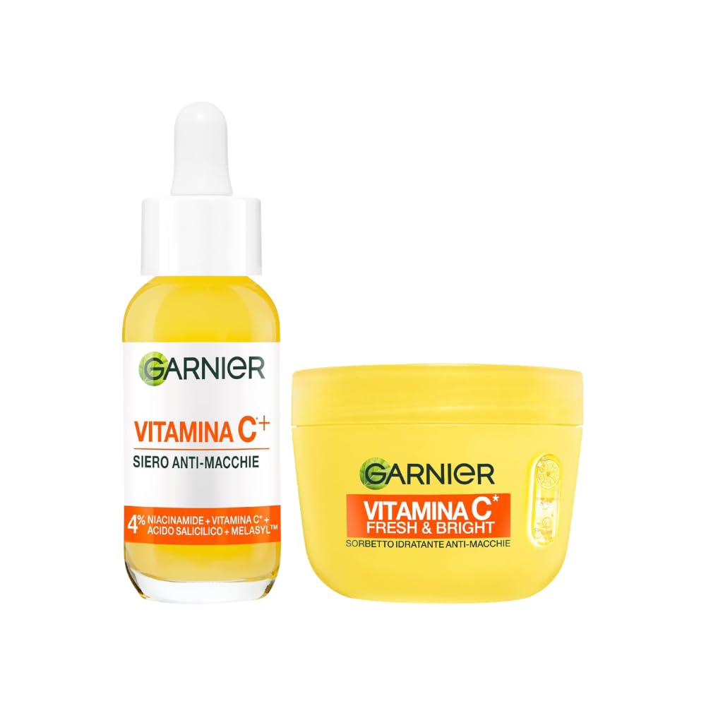 Garnier Routine Anti-Macchie: Siero Vitamina C Viso Potenziato con Niacinamide e Melasyl 30ml e Fresh & Bright Sorbetto Vitamina C Crema Viso Idratante Ultra Leggera 85ml