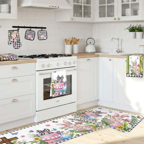 snaxuda 10 Pcs Kitchen Decor Set Bunny Kitchen Towels and Rugs Oven Mitts Pot Holders Absorbent Towels for Baking Cooking BBQ Gifts Home Decor Easter - image 6