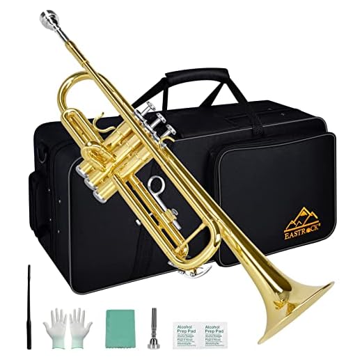 Eastrock Standard Bb Trumpet Brass Set for Student Beginner Brass Instrument with Hard Case, Gloves, 7C Mouthpiece, Valve Oil and Trumpet Cleaning Kit (Lacquer Gold)