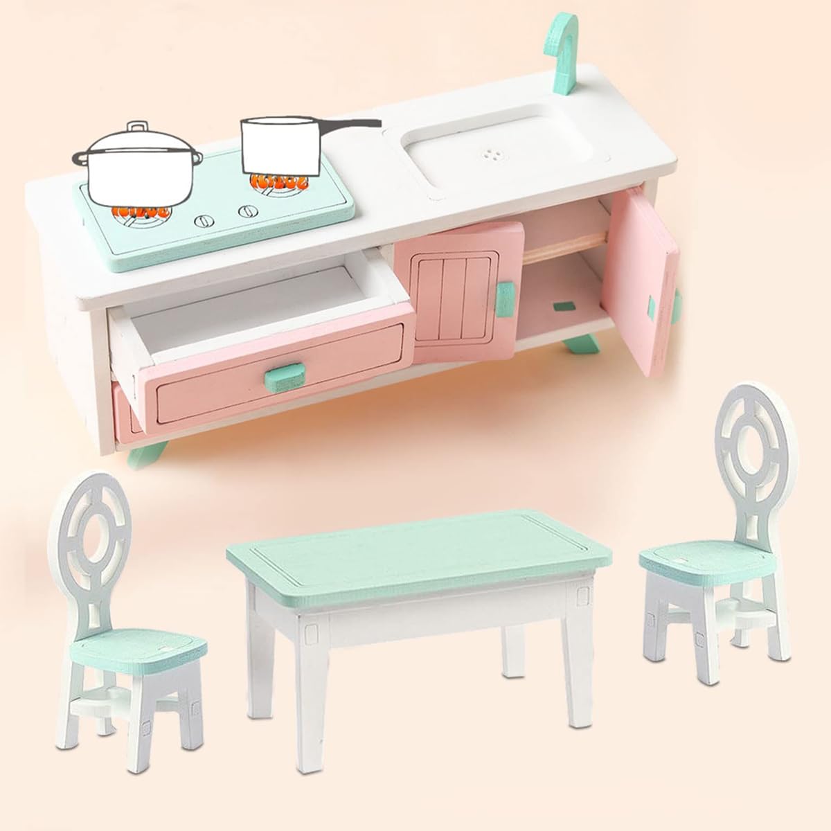 WANGCL 6 Pezzi Mini mobili da pranzo Mobili per casa delle bambole Mobili da cucina Set di oggetti di scena Ornamento Set di decorazioni per cucina in miniatura in legno massello