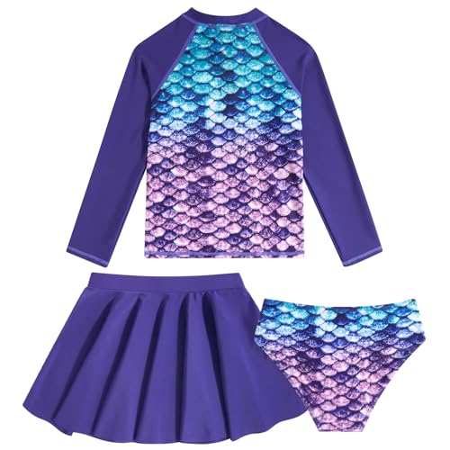 Image of Girls Rash Guard 3 Piece Swimsuit Set UPF 50+ Long Sleeve Swim Skirt Sets Size 6-12 Years