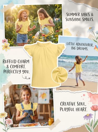 Image of Arshiner Girls Ruffle Short Sleeve Shirts Cute Summer Frill Neck Pleated Textured Blouse Tops