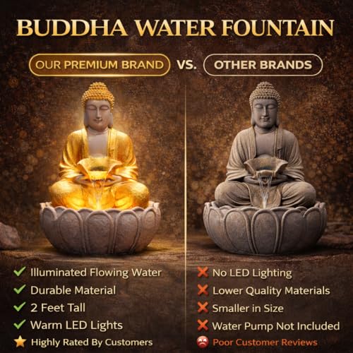 Image of 2 Feet Kamal Buddha Water Fountain for Home & Garden|Fiber Buddha Fountain with LED Light|Indoor Outdoor Fountain for Vastu & Positivity (Golden, 2 Feet Kamal Buddha Fountain)