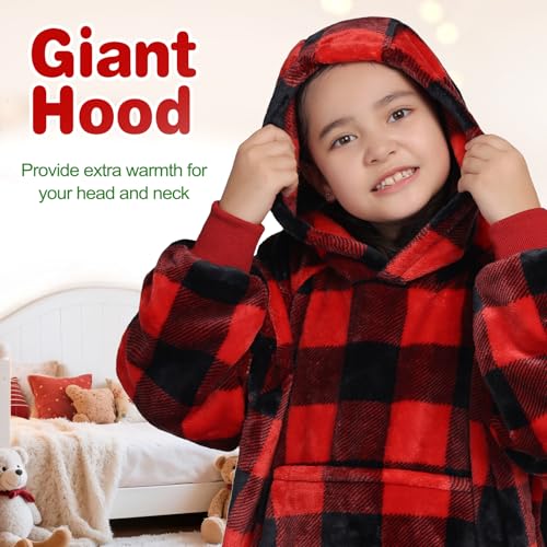 Image of Waitu Wearable Blanket for Kids, Wearable Blanket Hoodie Gifts for Teens Girls and Boys, Warm Blanket Sweatshirt for Teenage, Hoodie Blanket with Sleeves - Red and Black Plaid