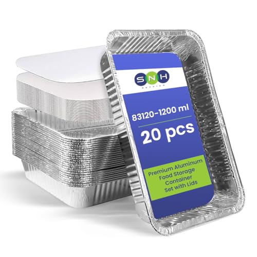 SNH Packing Disposable Aluminium Rectangle Containers 1200Ml With Lids Heavy Duty Aluminum Foil Trays Containers With Board Lids For Cooking Roasting Baking - Pack Of 20 Pieces.