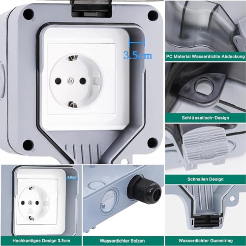 1-Fach Außensteckdose Steckdose, IP66 Wetterfest Outdoor Wandsteckdose 16A Gartensteckdose Aufputz Schutzkontakt mit Klappdeckel für Feuchtraum Garten den Aussenbereich Küche Garage
