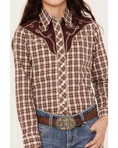 GIRLS LONG SLEEVE SNAP WINE CREAM TAN SMALL SCALE PLAID WESTERN SHIRT3