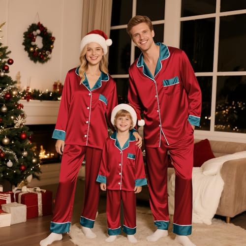 Family Christmas Pajamas Matching Sets Silk Satin Button Down Sleepwear Long Sleeve Nightwear 2 Pcs Loungewear4
