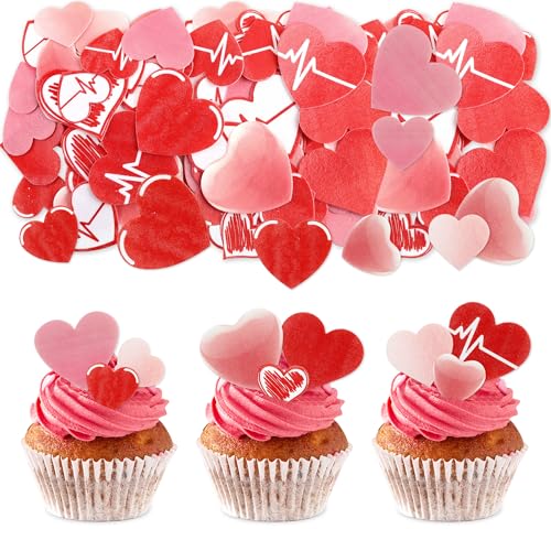 Ercadio 80Pack Edible Valentine's Day Heart Cupcake Toppers Red Edible Heart Cupcake Drink Toppers Picks Valentine's Day Nurses' Day Heart Birthday Mother's Day Party Cake Decorations