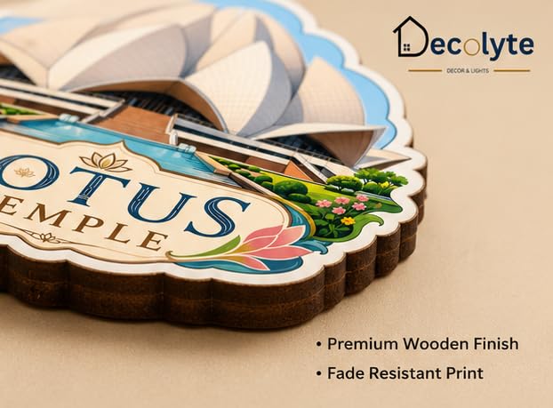 Image of Lotus Temple Theme Wooden Fridge Magnet Souvenir | 3x3 in Kitchen Home Decor Gift