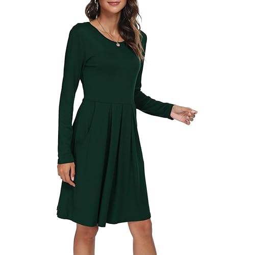 DouBCQ Women's Casual Long Sleeve Flowy Pleated Fall Dresses with Pockets
