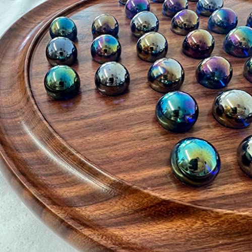 Solitaire-Brettspiel aus Holz, 30 cm Durchmesser, mit blauen Glasmurmeln, klassisches Solitär-Spiel aus Holz, Strategie-Brettspiel